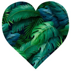 Tropical Green Leaves Background Wooden Puzzle Heart by Amaryn4rt