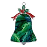 Tropical Green Leaves Background Metal Holly Leaf Bell Ornament Front