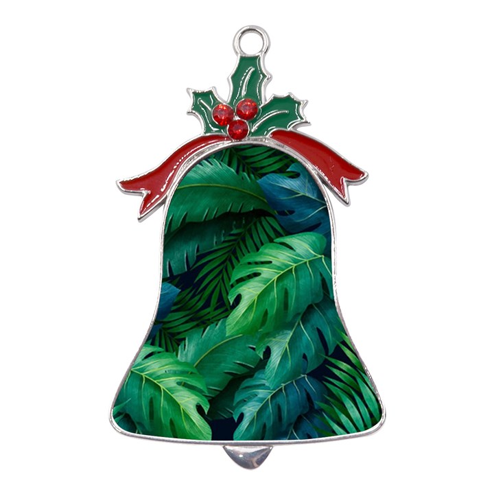 Tropical Green Leaves Background Metal Holly Leaf Bell Ornament