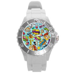 Comic Elements Colorful Seamless Pattern Round Plastic Sport Watch (l) by Amaryn4rt