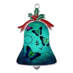 Texture Butterflies Background Metal Holly Leaf Bell Ornament