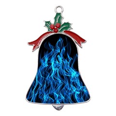 Digitally Created Blue Flames Of Fire Metal Holly Leaf Bell Ornament