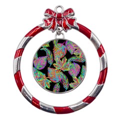 Autumn Pattern Dried Leaves Metal Red Ribbon Round Ornament