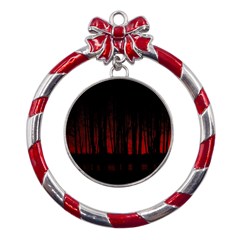 Scary Dark Forest Red And Black Metal Red Ribbon Round Ornament by Ravend