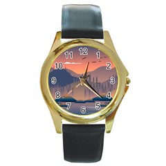 Cool Landscape Night Minimal Art Minimalist Round Gold Metal Watch