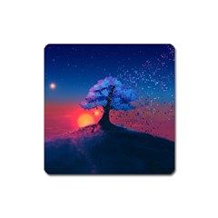 Dark Tree Sunset Landscape Art Square Magnet