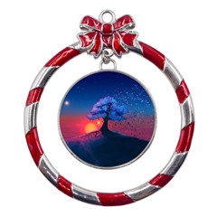 Dark Tree Sunset Landscape Art Metal Red Ribbon Round Ornament