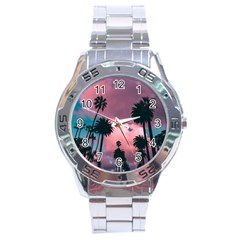 Nature Sunset Sky Clouds Palms Tropics Porous Stainless Steel Analogue Watch