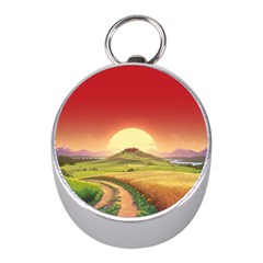 Landscape Sunset Orange Sky Pathway Art Mini Silver Compasses