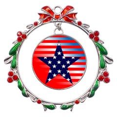 Patriotic American Usa Design Red Metal X mas Wreath Ribbon Ornament