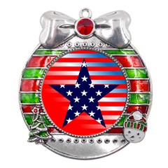 Patriotic American Usa Design Red Metal X mas Ribbon With Red Crystal Round Ornament