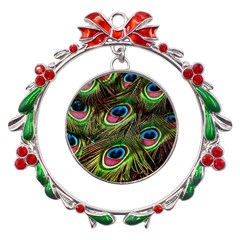 Peacock Feathers Color Plumage Metal X mas Wreath Ribbon Ornament