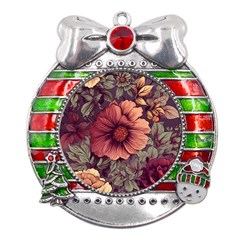 Flowers Pattern Metal X mas Ribbon With Red Crystal Round Ornament