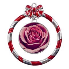 Beautiful Beauty Flower Bloom Metal Red Ribbon Round Ornament