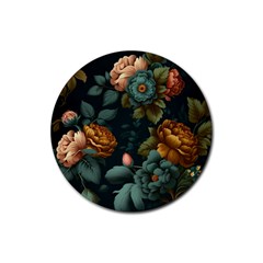 Floral Flower Blossom Turquoise Rubber Round Coaster (4 Pack) by Vaneshop