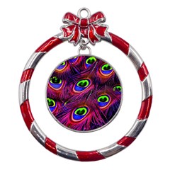 Peacock Feathers Color Plumage Metal Red Ribbon Round Ornament