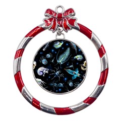 Colorful-abstract-pattern-consisting-glowing-lights-luminescent-images-marine-plankton-dark Metal Red Ribbon Round Ornament by uniart180623