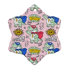 Seamless-pattern-with-many-funny-cute-superhero-dinosaurs-t-rex-mask-cloak-with-comics-style-inscrip Snowflake Ornament (two Sides) by uniart180623