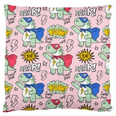Seamless-pattern-with-many-funny-cute-superhero-dinosaurs-t-rex-mask-cloak-with-comics-style-inscrip Large Premium Plush Fleece Cushion Case (two Sides) by uniart180623