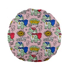 Seamless-pattern-with-many-funny-cute-superhero-dinosaurs-t-rex-mask-cloak-with-comics-style-inscrip Standard 15  Premium Flano Round Cushions by uniart180623