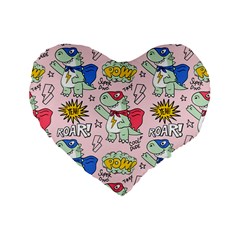Seamless-pattern-with-many-funny-cute-superhero-dinosaurs-t-rex-mask-cloak-with-comics-style-inscrip Standard 16  Premium Flano Heart Shape Cushions by uniart180623