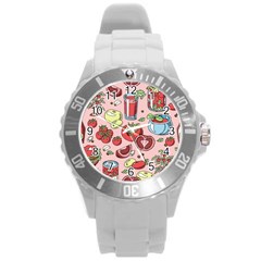 Tomato-seamless-pattern-juicy-tomatoes-food-sauce-ketchup-soup-paste-with-fresh-red-vegetables Round Plastic Sport Watch (l)