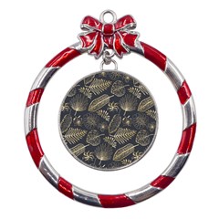 Elegant-pattern-with-golden-tropical-leaves Metal Red Ribbon Round Ornament by uniart180623