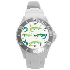 Cute-cartoon-alligator-kids-seamless-pattern-with-green-nahd-drawn-crocodiles Round Plastic Sport Watch (l) by uniart180623