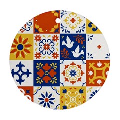 Mexican-talavera-pattern-ceramic-tiles-with-flower-leaves-bird-ornaments-traditional-majolica-style- Ornament (round) by uniart180623