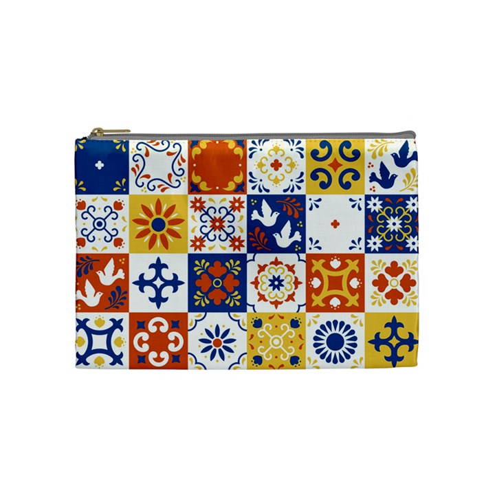 Mexican-talavera-pattern-ceramic-tiles-with-flower-leaves-bird-ornaments-traditional-majolica-style- Cosmetic Bag (Medium)