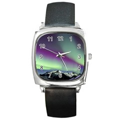 Aurora Stars Sky Mountains Snow Aurora Borealis Square Metal Watch by uniart180623