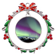 Aurora Stars Sky Mountains Snow Aurora Borealis Metal X mas Wreath Ribbon Ornament by uniart180623