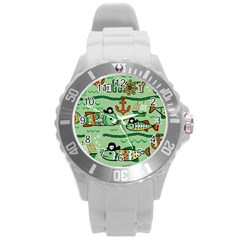 Seamless Pattern Fishes Pirates Cartoon Round Plastic Sport Watch (l) by uniart180623