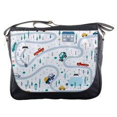 Cute-children-s-seamless-pattern-with-cars-road-park-houses-white-background-illustration-town Messenger Bag by uniart180623