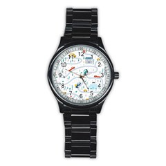 Cute-children-s-seamless-pattern-with-cars-road-park-houses-white-background-illustration-town Stainless Steel Round Watch by uniart180623