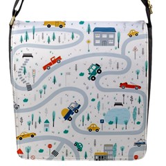 Cute-children-s-seamless-pattern-with-cars-road-park-houses-white-background-illustration-town Flap Closure Messenger Bag (s) by uniart180623