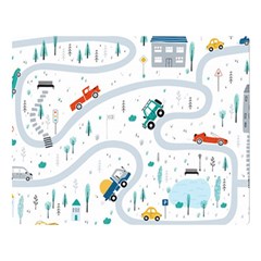 Cute-children-s-seamless-pattern-with-cars-road-park-houses-white-background-illustration-town Premium Plush Fleece Blanket (large)