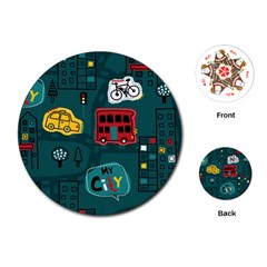 Seamless-pattern-hand-drawn-with-vehicles-buildings-road Playing Cards Single Design (round) by uniart180623