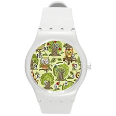 Seamless-pattern-with-trees-owls Round Plastic Sport Watch (m) by uniart180623