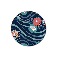 Waves Flowers Pattern Water Floral Minimalist Rubber Coaster (round) by uniart180623