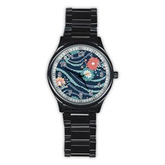 Waves Flowers Pattern Water Floral Minimalist Stainless Steel Round Watch by uniart180623