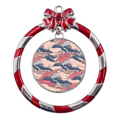 Waves Ocean Sea Water Pattern Rough Seas Metal Red Ribbon Round Ornament by uniart180623