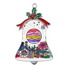 Rainbow Fun Cute Minimal Doodle Drawing Unique Metal Holly Leaf Bell Ornament by uniart180623