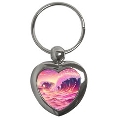 Waves Ocean Sea Tsunami Nautical Red Yellow Key Chain (heart) by uniart180623