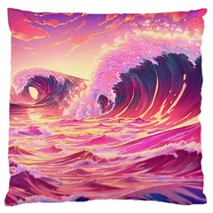 Waves Ocean Sea Tsunami Nautical Red Yellow Large Premium Plush Fleece Cushion Case (two Sides) by uniart180623