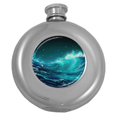 Tsunami Waves Ocean Sea Nautical Nature Water Round Hip Flask (5 Oz) by uniart180623