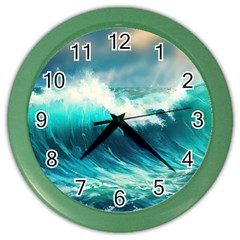 Waves Ocean Sea Tsunami Nautical Painting Color Wall Clock by uniart180623