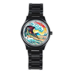 Waves Ocean Sea Tsunami Nautical Arts Stainless Steel Round Watch by uniart180623