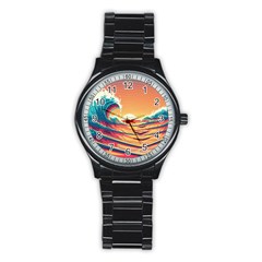 Waves Ocean Sea Tsunami Nautical Art Nature Stainless Steel Round Watch by uniart180623