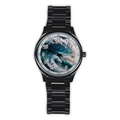 Tsunami Waves Ocean Sea Water Rough Seas Stainless Steel Round Watch by uniart180623